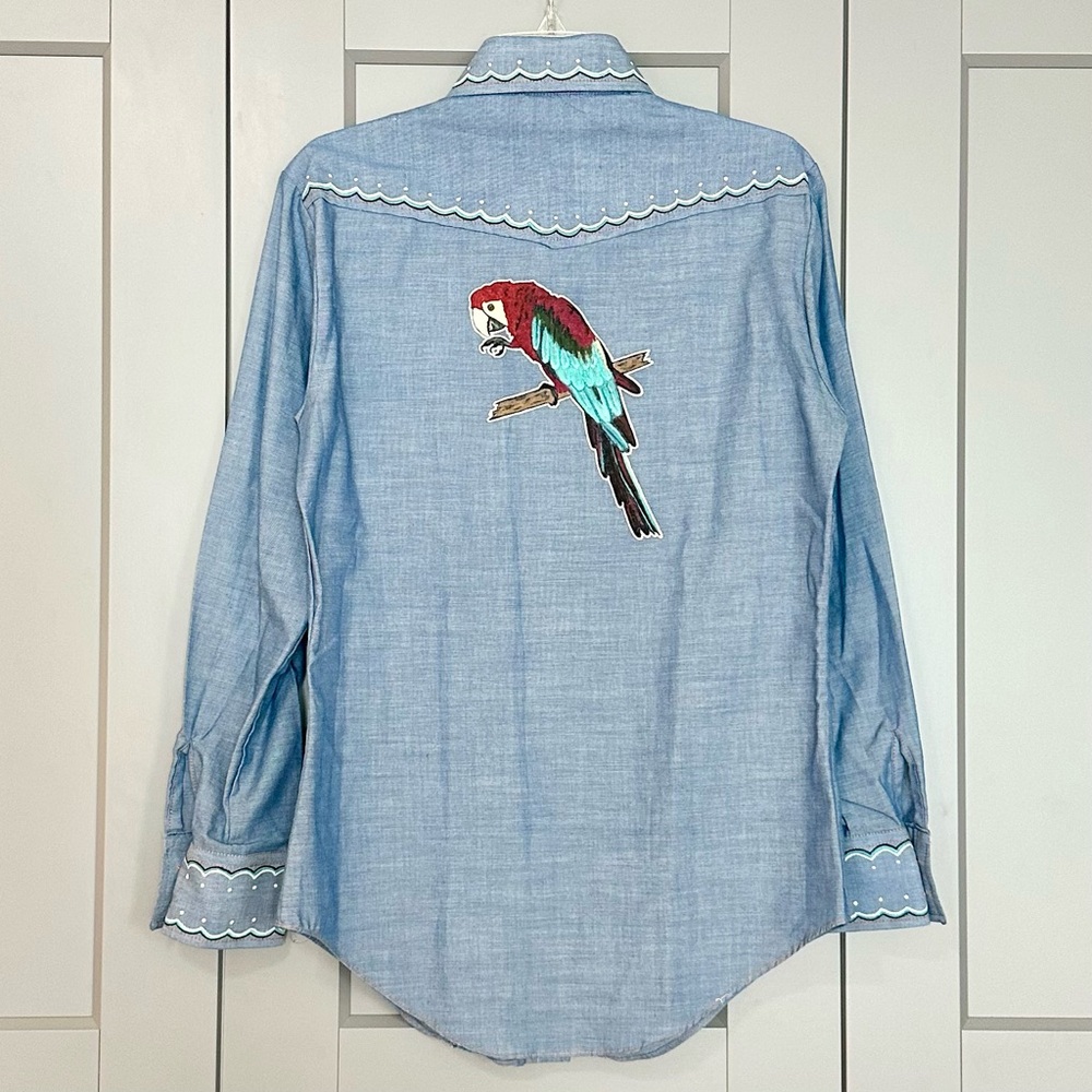 Vintage 1970s Jeans Joint Hand Painted Denim Button Down Shirt Parrot Sz Medium